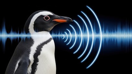 Magellanic Penguin Emitting Blue Glowing Sound Waves from Beak on Dark Background isolated PNG with Transparent Background