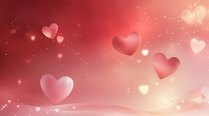 Pink hearts floating on red background with sparkles
