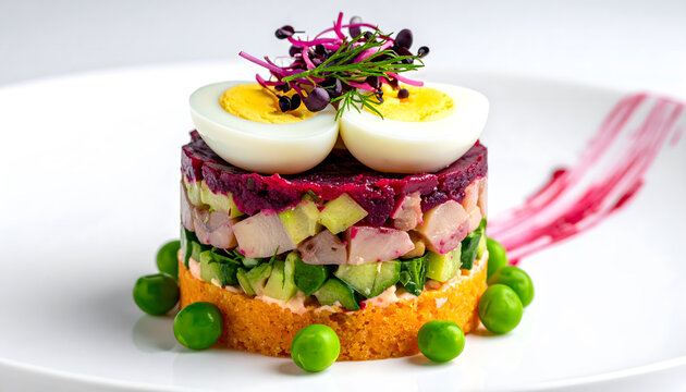 Gourmet minimalist dish featuring matjes herring tartare, finely diced potatoes with mayonnaise, topped with a halved quail egg and colorful sprouts, elegantly stacked in a round presentation, gastro,