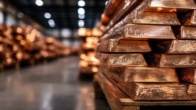 A close-up view of layered copper ingots emphasizes the texture and shine of the metal, set against a blurred industrial background that evokes a feeling of scale and production capacity.