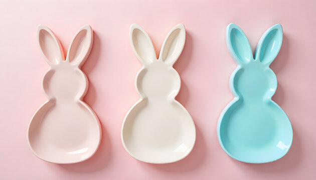 Minimalist Easter plate design featuring pink pastel bunny-shaped plates arranged in a clean top view composition, soft pastel tones in pink, beige and turquoise, modern and playful pattern, card, 3