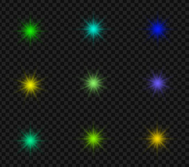 Realistic spotlight set with gold glowing dust particles on transparent png background and reflection on the floor for stage, studio, or theater light effects. 