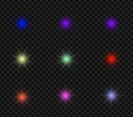 Realistic spotlight set with gold glowing dust particles on transparent png background and reflection on the floor for stage, studio, or theater light effects. 