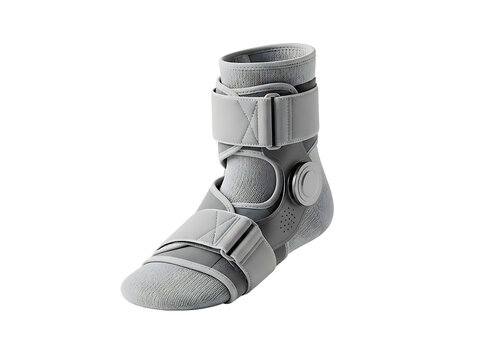 Detailed view of a gray medical ankle brace isolated on transparent background
