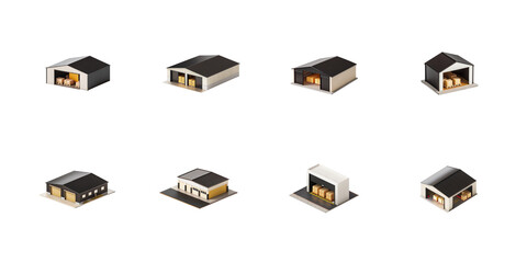 Collection of eight isometric 3d warehouse icons showing various storage building designs and loading bays on transparent background
