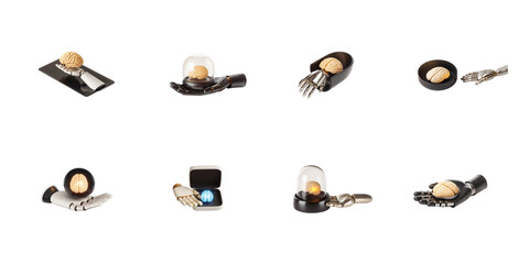 Collection of artificial intelligence concepts showcasing robotic hands interacting with biological and digital representations of the human brain on transparent background