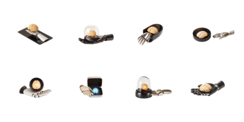 Collection of artificial intelligence concepts showcasing robotic hands interacting with biological and digital representations of the human brain on transparent background