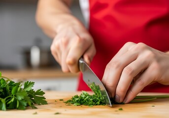 Chef's hands finely chopping fresh green parsley herbs on a kitchen board.