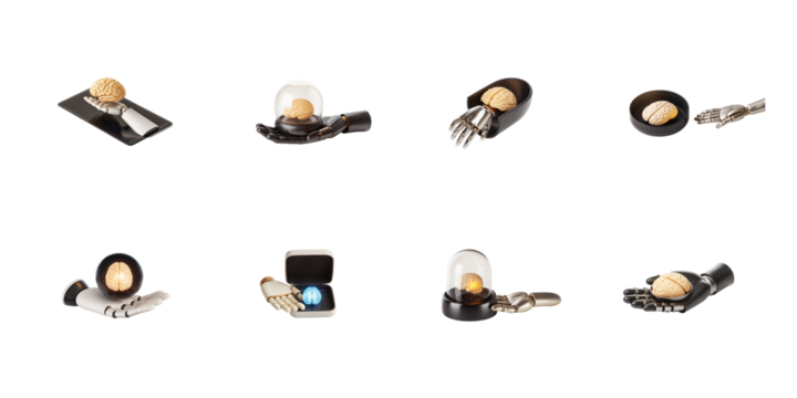 Collection of artificial intelligence concepts showcasing robotic hands interacting with biological and digital representations of the human brain on transparent background - Powered by Adobe