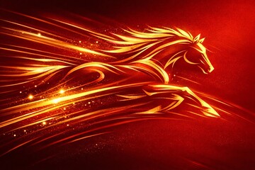 Dynamic Abstract Fire Horse Galloping with Golden Speed Light Trails on Red Background