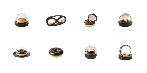 A collection of elegant black and gold confectionery themed display objects including ring holders and candle holders on transparent background