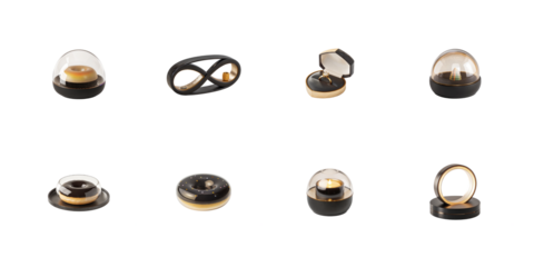 A collection of elegant black and gold confectionery themed display objects including ring holders and candle holders on transparent background