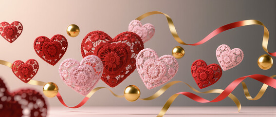 Floating 3D lace hearts in red and blush with golden spheres and ribbon curls on a soft neutral gradient. Elegant lighting highlights texture and shine, with clean center space for text.