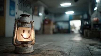An old-fashioned lantern adorned with a cheerful smile glows gently in a rustic setting, embodying warmth and nostalgia, creating a positive vibe in an otherwise simple environment.