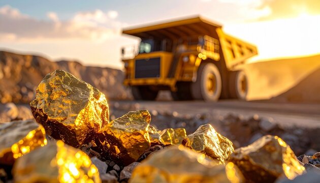 Raw Gold Nuggets in Foreground with Large Yellow Mining Truck in Open Pit Mine at Sunset
