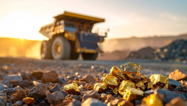 Raw Gold Nuggets in Foreground with Large Yellow Mining Truck in Open Pit Mine at Sunset