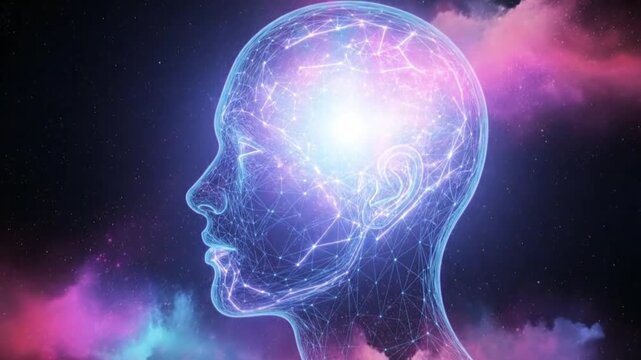 A glowing human head outline filled with cosmic nebula and digital network