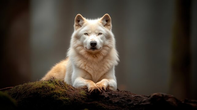 A beautiful white wolf lounges gracefully on a moss-covered log, emanating a sense of strength and serenity in the serene and luscious forest backdrop, highlighting its majestic presence.