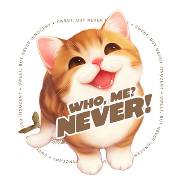 Cute kitten denying culpability with who, me? Never! text