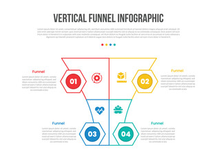 Obraz premium funnel vertical shape infographics template diagram with quadrant structure with hexagon badge with 4 point step creative simple flat outline