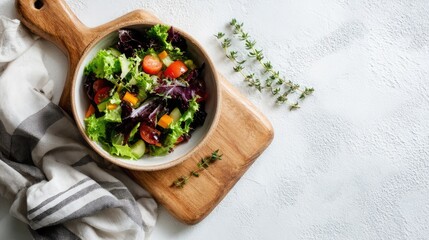 Fresh colorful salad served in a white bowl on a wooden cutting board