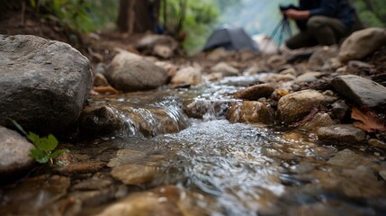 Obraz premium A clear stream flows over wet rocks and pebbles in a forest with a tent and person setting up a in the background