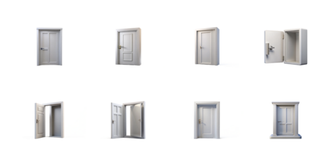Collection of eight white interior and security doors shown in various open and closed states on transparent background