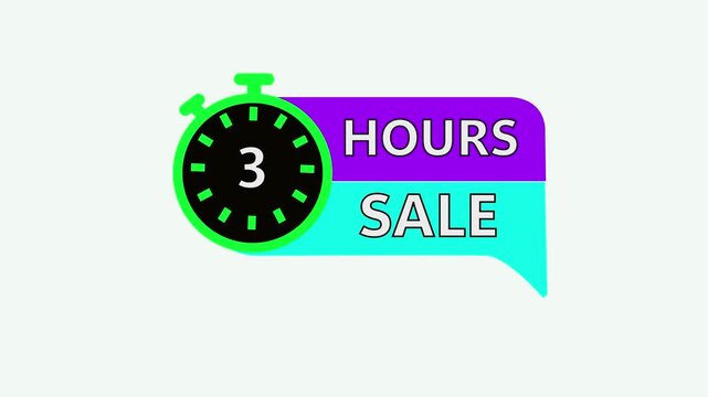 3 Hours Sale Stopwatch Timer Icon With Speech Bubble On White Background.3 hours sale, hours, timer, stopwatch, clock, time, limited time, offer, deal.4k animation