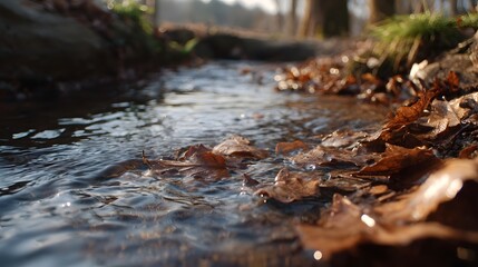 Fototapeta premium Clear forest stream flowing over fallen autumn leaves under soft morning sunlight