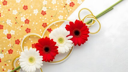 Golden Whisk With Red And White Flowers On Patterned Background
