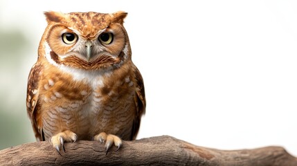 Obraz premium A stunning tawny owl sits regally on a branch, its intense gaze captivating the viewer, representing wisdom and the mystery of the night in a soft, natural light.