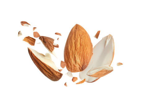 Cracked almond split show nuts shell snack with broken pieces and seed for healthy food ingredient dessert or nutrition with healthy eating