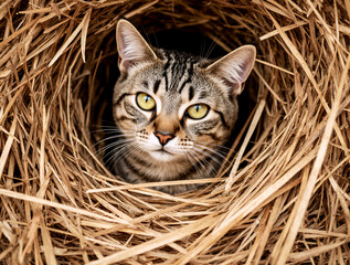 Curious Tabby Cat Peeking Through Round Hole in Dry Straw Nest or Haystack