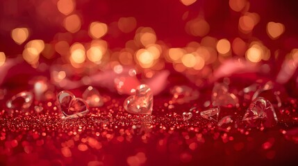 Luxury Valentine&rsquo;s Day Background with Glossy Red Surface and Sparkling Heart Shapes