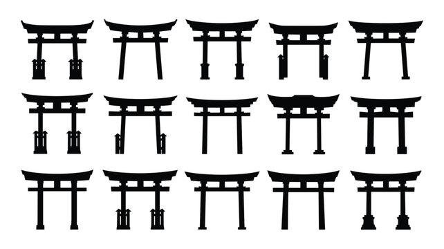 Fifteen Black Silhouettes of Japanese Torii Gates in Rows japanese gate shinto shrine