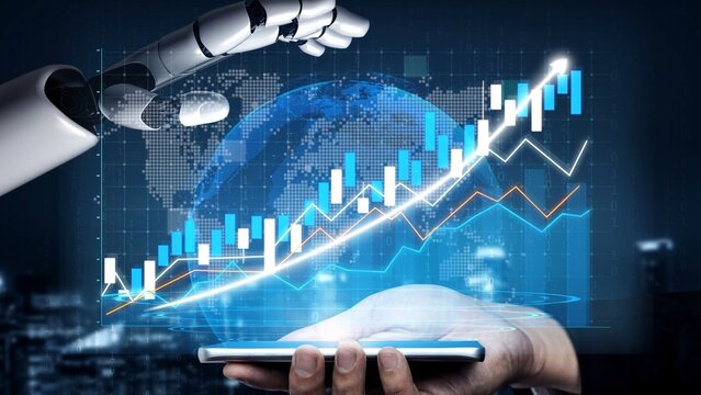 A robotic hand reaches out to a smartphone featuring vibrant financial graphs, illustrating the interplay between technology and data analytics for business growth. Copula - Powered by Adobe