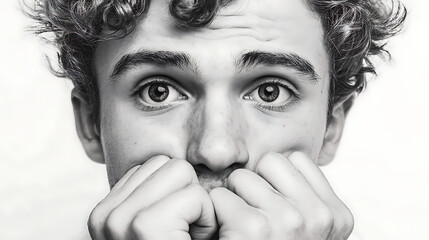Anxious Young Man Biting Nails Standing Against White Background