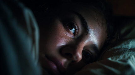 Insomniac Woman Lying In Bed Feeling Anxious At Night