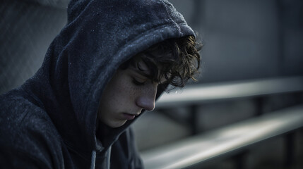 Lonely And Anxious Teenage Boy Sitting On School Campus