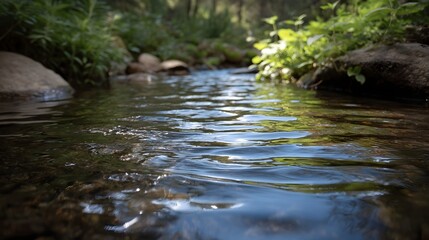 A gentle rivulet flows its surface rippling with d d sunlight filtering through the forest