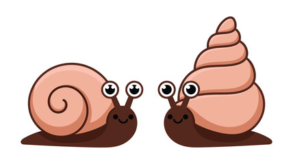Two Cute Cartoon Snails with Big Eyes and Swirly Shells Facing Each Other on White Background character © Creativedesign29