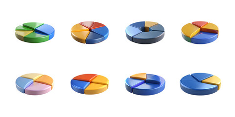 Collection of eight three dimensional colorful pie charts isolated on a black background representing data analysis and statistics on transparent background