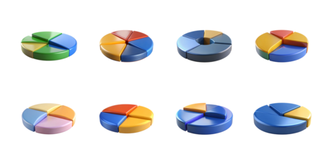 Collection of eight three dimensional colorful pie charts isolated on a black background representing data analysis and statistics on transparent background