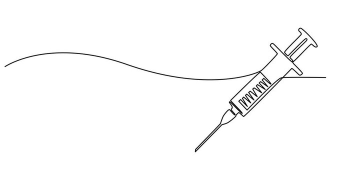 Animated self drawing of continuous line draw medical disposable syringe with needle. Applicable for vaccine injection, vaccination logo. Plastic syringe with needle. Full length single line animation