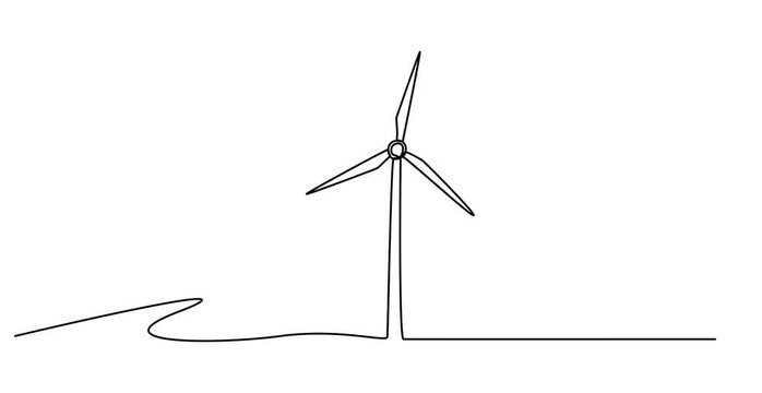 Animated self drawing of  Continuous one line drawing of wind turbines eco energy. simple wind turbines outline vector illustration, Wind mill, wind generator energy, single continuous line art
