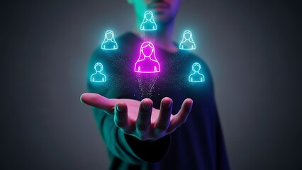 Person presenting glowing digital people icons in hand