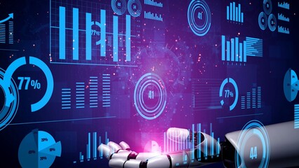 This image depicts a robotic arm engaged in data analysis, surrounded by vibrant digital graphs and statistics, highlighting the fusion of technology and innovation in data-driven insights. Xenic