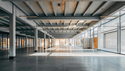 Obraz premium A spacious empty industrial building with large windows and high ceilings, viewed from the interior