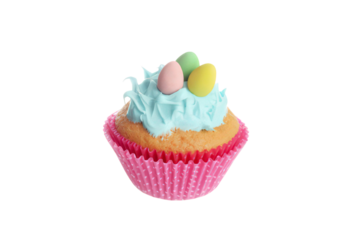 Delicious easter cupcake dessert decorated with icing and pastel eggs for celebration yummy treat with frosting isolated on transparent background
