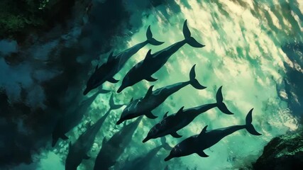 Dolphins swim in formation near the ocean surface as sunlight creates patterns on the water in a marine setting during daytime